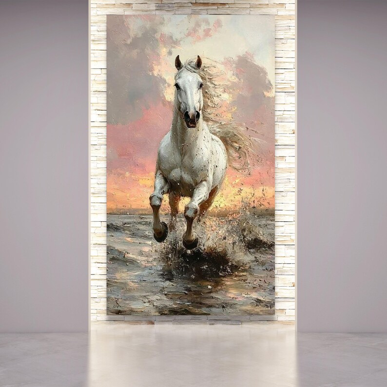 Cuadro de caballo blanco, arte mural de semental corriendo, decoración con escena oceánica al atardecer, obra de arte animal poderosa, idea de regalo para amantes de la naturaleza imagen 5