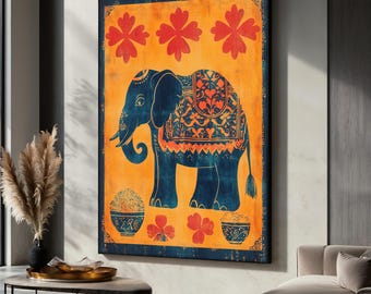 Indian Elephant Canvas Painting, Traditional Folk Wall Art, Cultural Art Decor, Vibrant Animal Decor for Living Room, Cultural Gift for Her