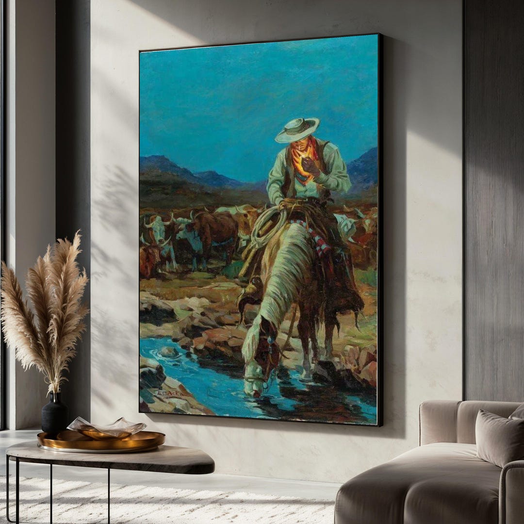 Cowboy Canvas Painting, Western Horse and Cattle Scene Wall Art, Rustic ...