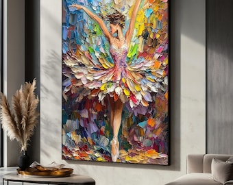 Colorful Ballerina Canvas Painting, Vibrant Ballet Girl Wall Art, Dance Wall Decor, Living Room Decor, Unique Dance Gift for Art Lovers