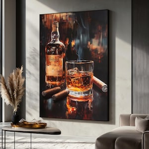 Whiskey and Cigar Wall Art, Cigar Bar Canvas, Dramatic Bar Wall Decor for Him, Moody Alcohol Decor, Unique Gift Idea for Whiskey Lovers