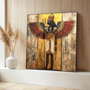 Egyptian God Canvas Painting, Winged Ancient Deity Wall Art With Hieroglyphs, Mythological Pharaoh Decor, African Style Artwork, Gift Idea