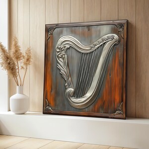 Harp Canvas Painting, Vintage Music Wall Art, Ornamental String Instrument Decor, Harp Art Print, Rustic Style Artwork for Home, Unique Gift