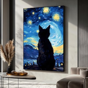 Sternenklare Nacht Katze Leinwand Gemälde, Van Gogh Stil Wandkunst, Sternenhimmel Katze Silhouette, Wohnzimmer Dekor, Perfektes Geschenk für Katzenliebhaber
