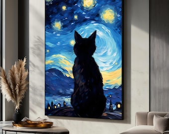 Starry Night Cat Canvas Painting, Van Gogh Style Wall Art, Starry Sky Cat Silhouette, Living Room Decor, Perfect Gift for Cat Lovers