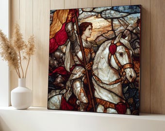 Middeleeuwse ridder op wit paard canvas, gebrandschilderd glas stijl muurkunst, historische pantserdecoratie, krijger portret canvas, woondecoratie cadeau