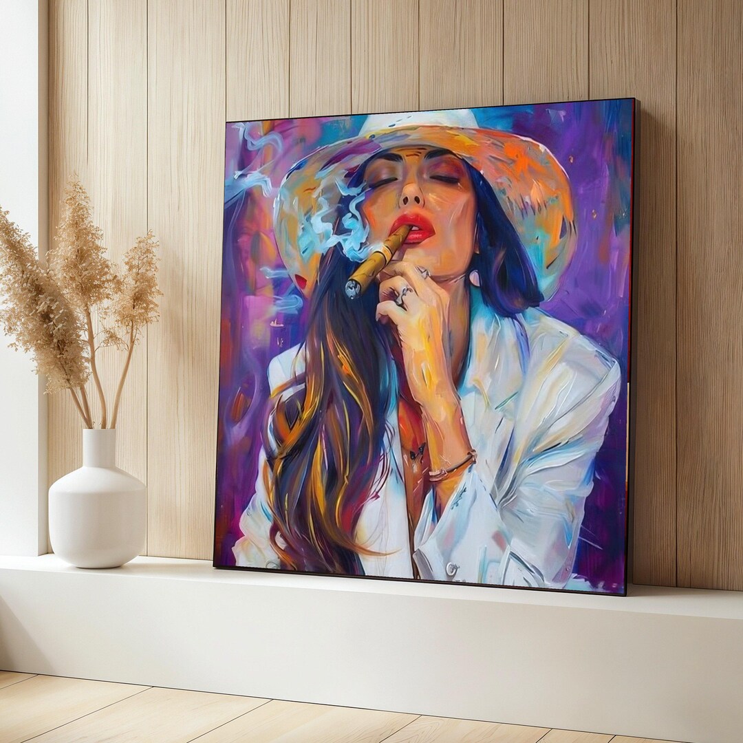 Colorful Woman Smoking Cigar Canvas Art, Bold Female Portrait Wall Art ...