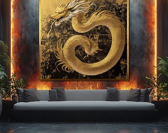 Golden Japanese Dragon Canvas Painting – Majestic Mythical Creature Wall Art for Powerful Oriental Home Décor or Unique Gift Idea