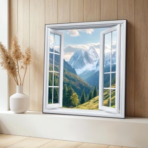 Mountain View Canvas Painting, Fake Window Wall Print, Snowy Peaks Landscape Wall Art, Living Room Decor, Scenic Nature Print, Art Gift Idea