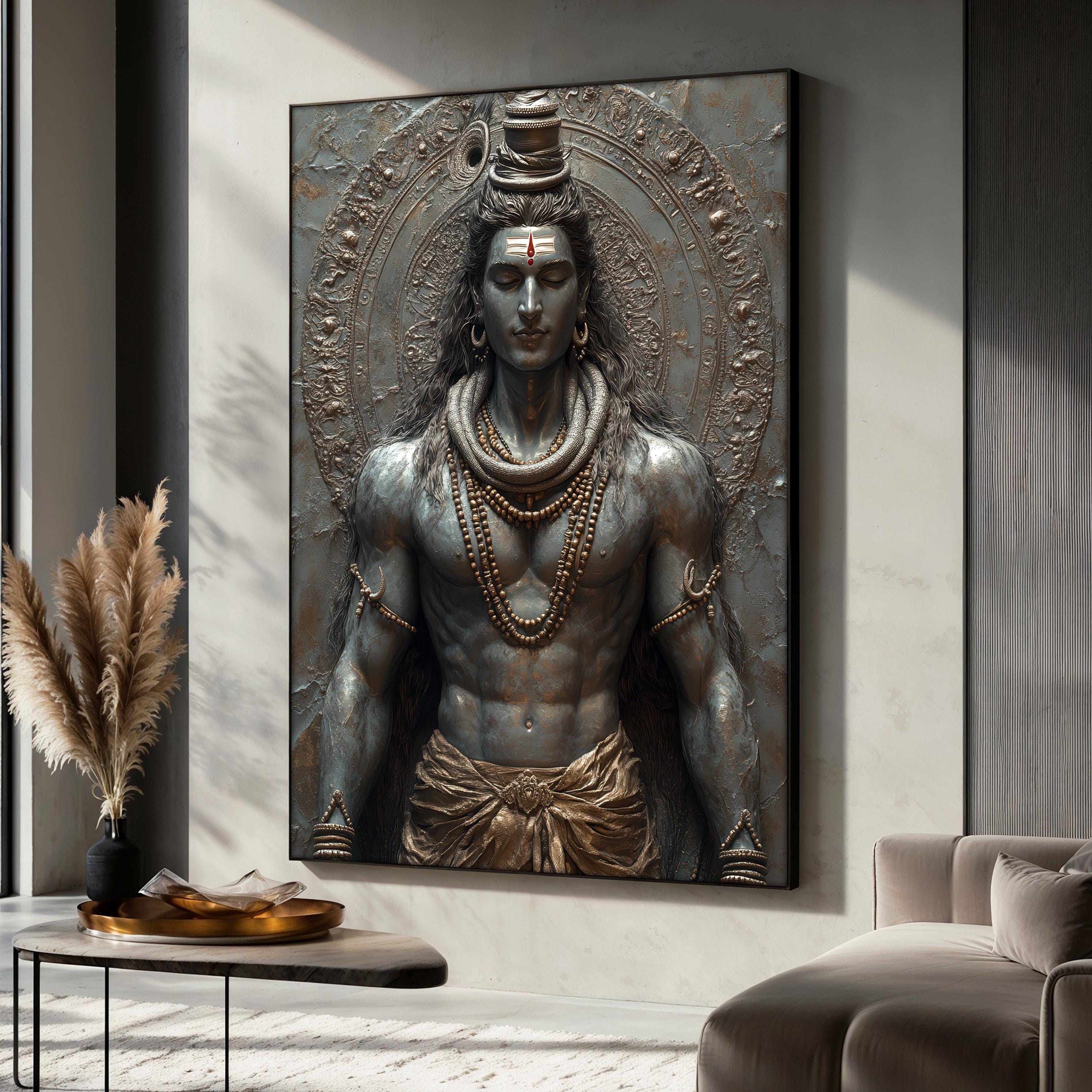 Powerful Lord Shiva Canvas Painting, Masculine Hindu God Wall Art