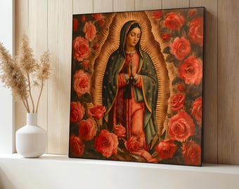 Virgin of Guadalupe Canvas Painting, Mexican Religious Wall Art with Red Roses, Catholic Spiritual Home Decor, Holy Icon Art Gift