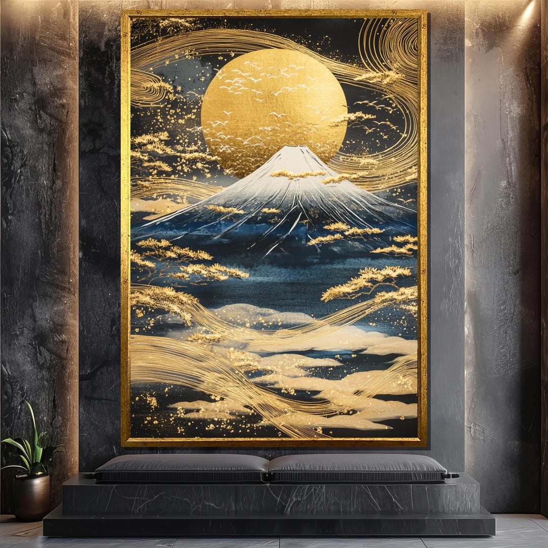 Mount Fuji Golden Moon Canvas Painting, Japanese Landscape Wall Art ...