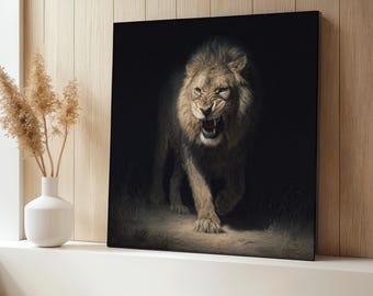 Majestic Lion Canvas Painting, Dark Background Wildlife Wall Art, Powerful Animal Artwork, Lion Wall Print, Safari Home Decor, Unique Gift