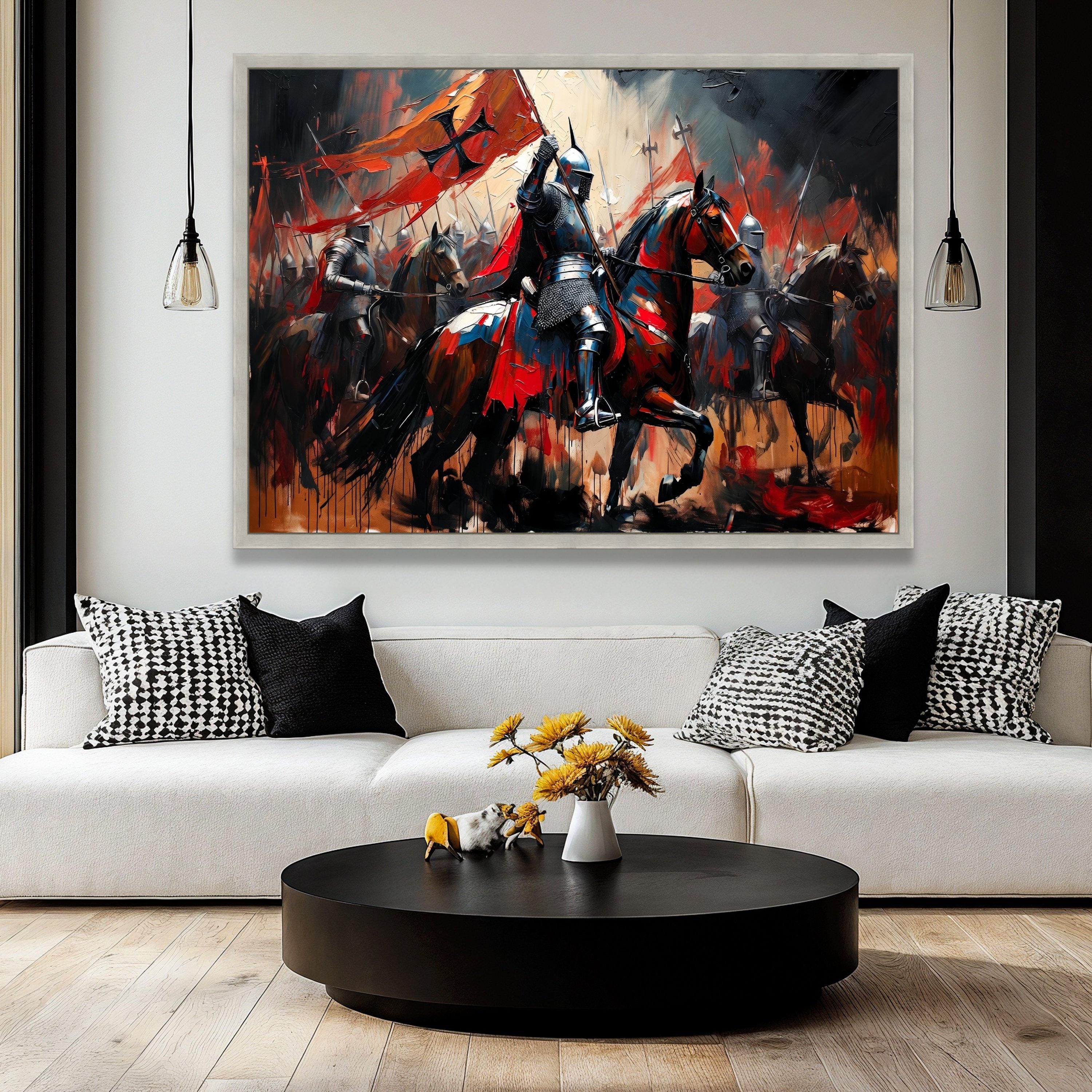 Medieval Knight Battle Scene Canvas, Armor Warrior Horseback Painting ...