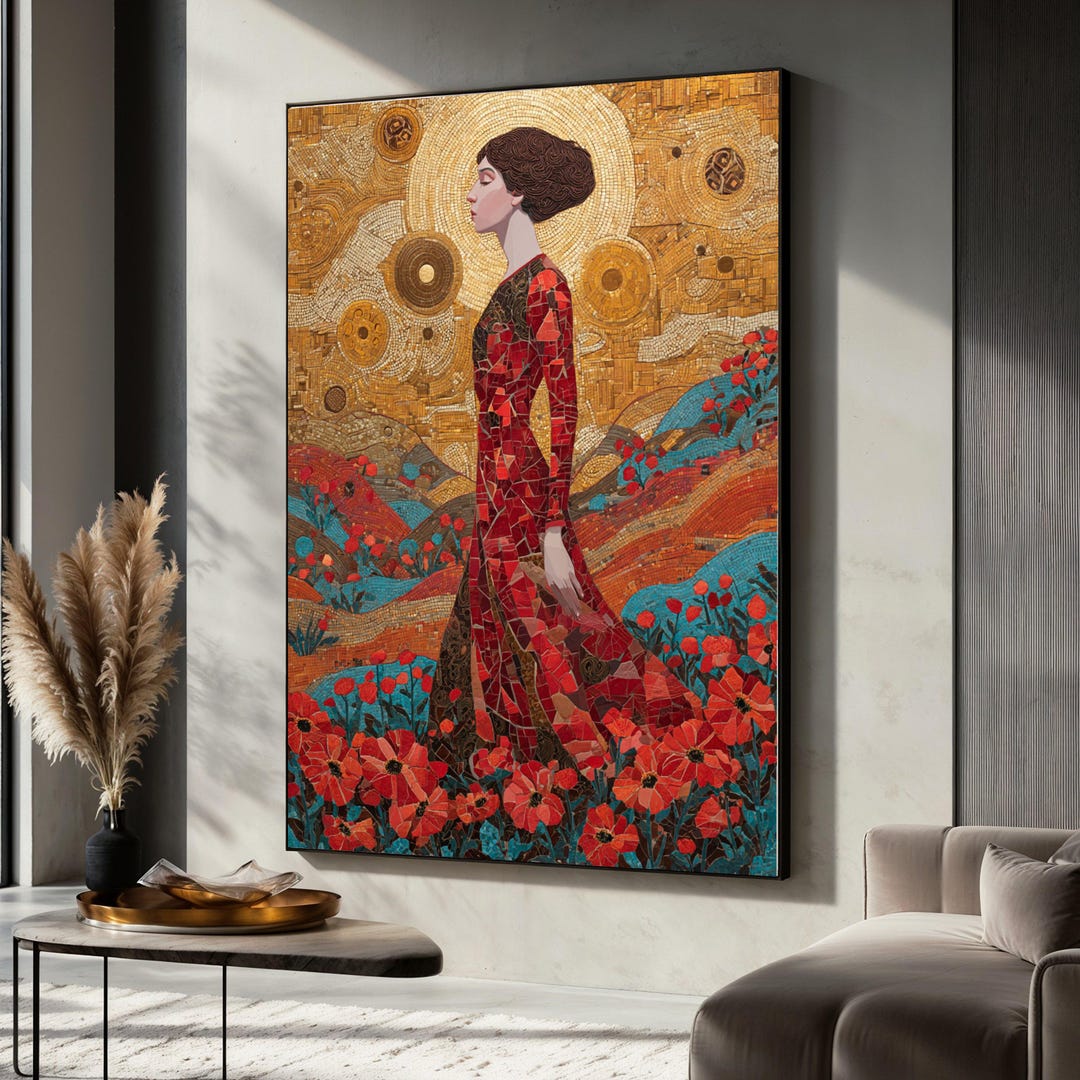 Gustav Klimt Mosaic Woman Canvas, Red Dress Floral Wall Art, Gold ...