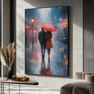 Romantic Rainy Walk Canvas Painting, Couple Under Umbrella Art, Night City Street Wall Decor, Emotional Love Scene Poster, Unique Gift Idea