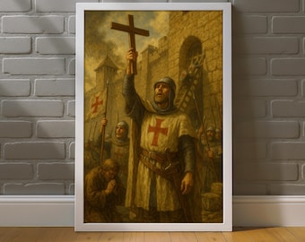 Medieval Crusader Canvas Painting, Holy Knight Holding Cross Outside Castle Wall, Historical Christian Wall Art Print, Spiritual Gift