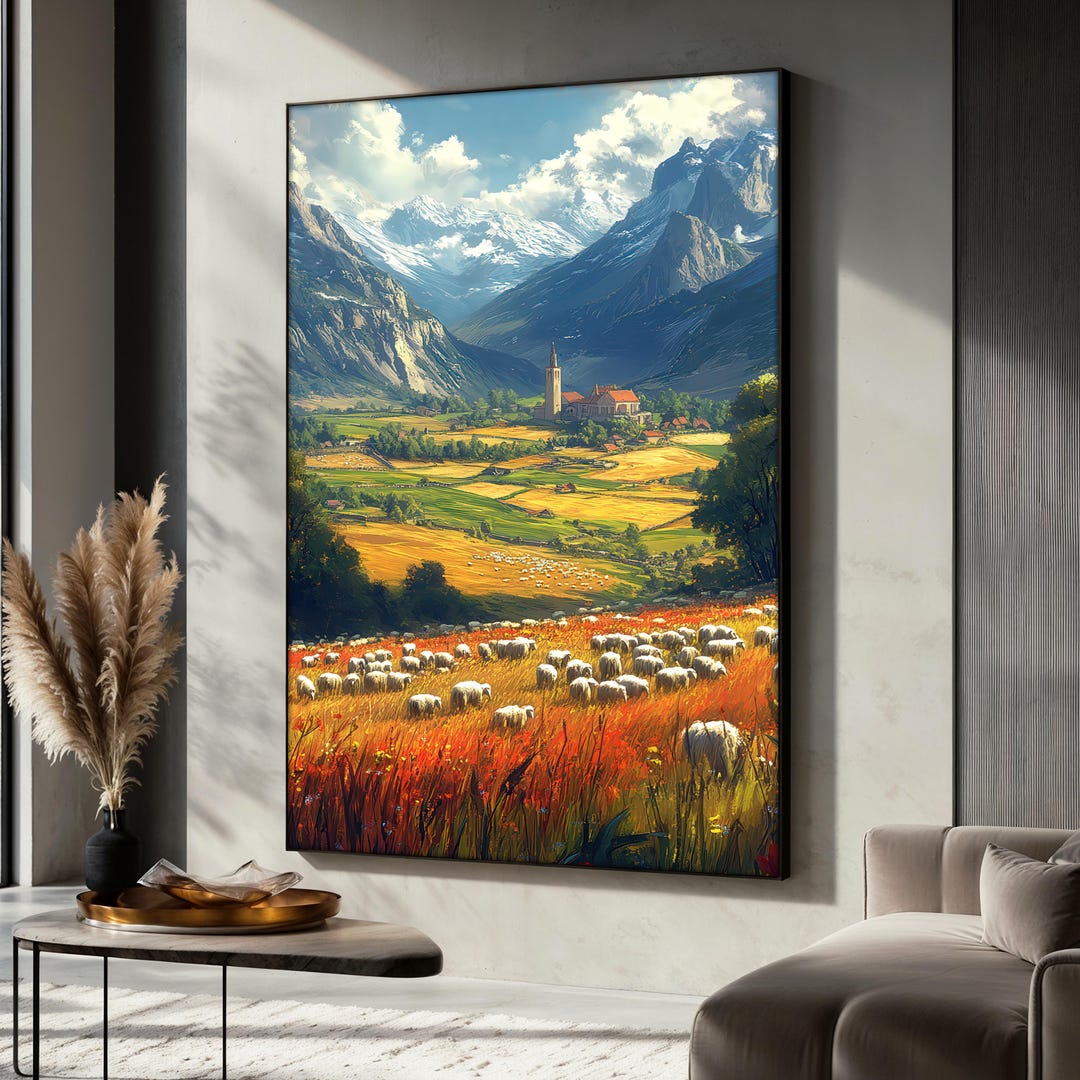 Mountain Village Canvas Painting, Alpine Sheep Field Wall Art ...