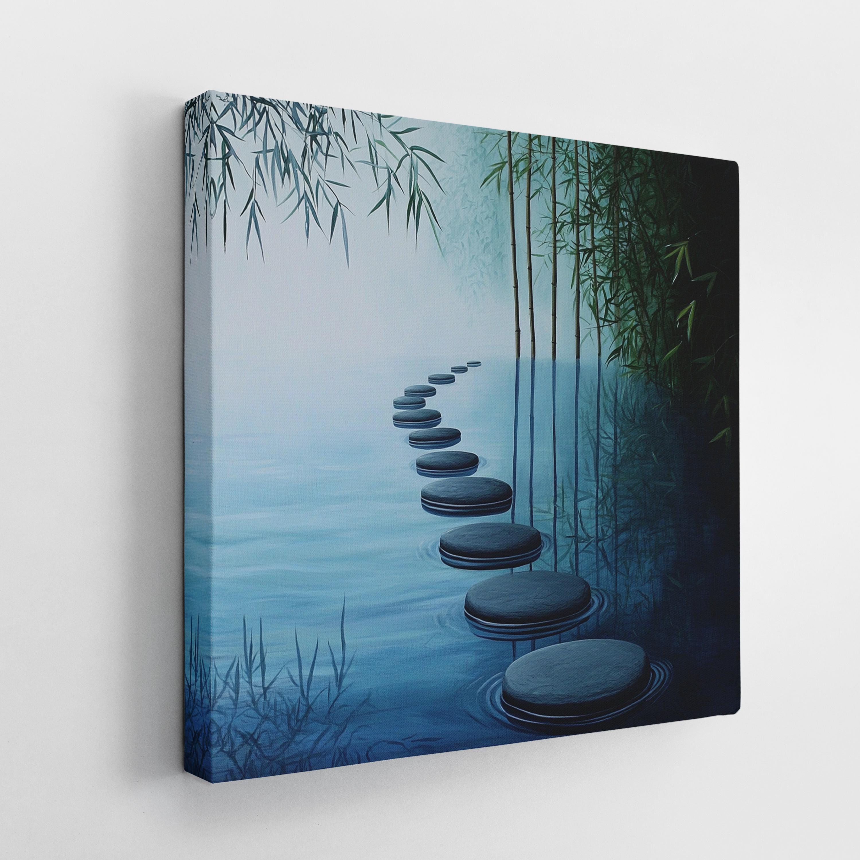 Blue Zen Pathway Canvas Painting, Bamboo and Water Wall Art, Yoga