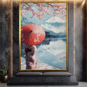 Japanese Woman with Red Umbrella Canvas Painting, Mount Fuji and Sakura Lake Wall Art, Traditional Asian Landscape Gift for Her