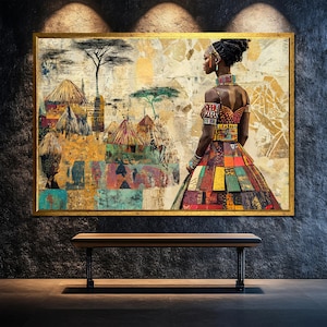 African Woman in Traditional Dress Canvas Art, Vibrant Collage Painting, Cultural Wall Decor, Ready to Hang Artwork for Home or Office