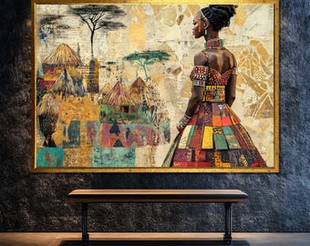African Woman in Traditional Dress Canvas Art, Vibrant Collage Painting, Cultural Wall Decor, Ready to Hang Artwork for Home or Office