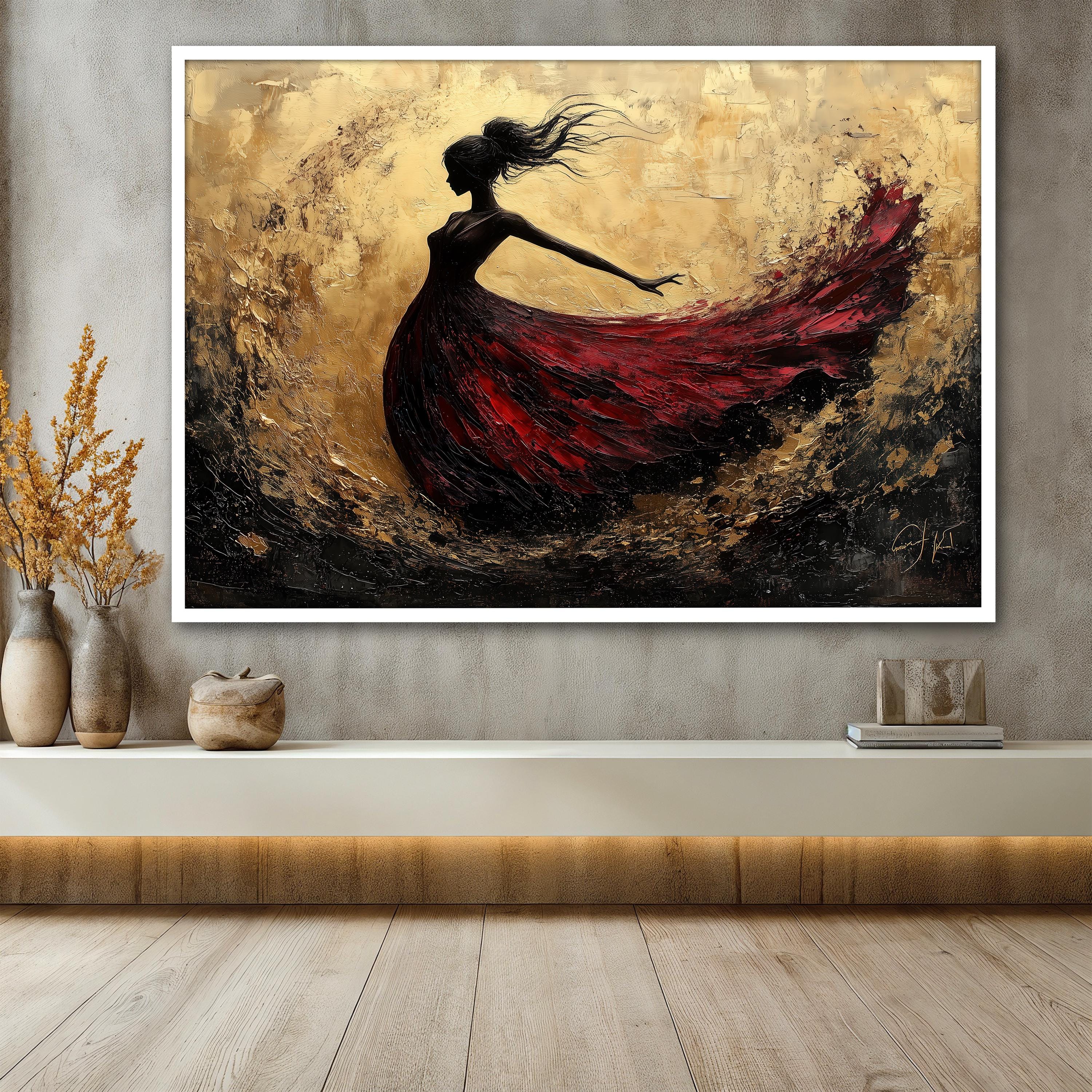Silhouette Woman in Red Dress Canvas Painting, Elegant Modern Wall Art ...