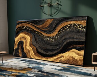 Abstract Gold and Black Marble Canvas Wall Art, Glamorous Metallic Home Decor, Modern Luxury Canvas Painting, Ready to Hang Artwork