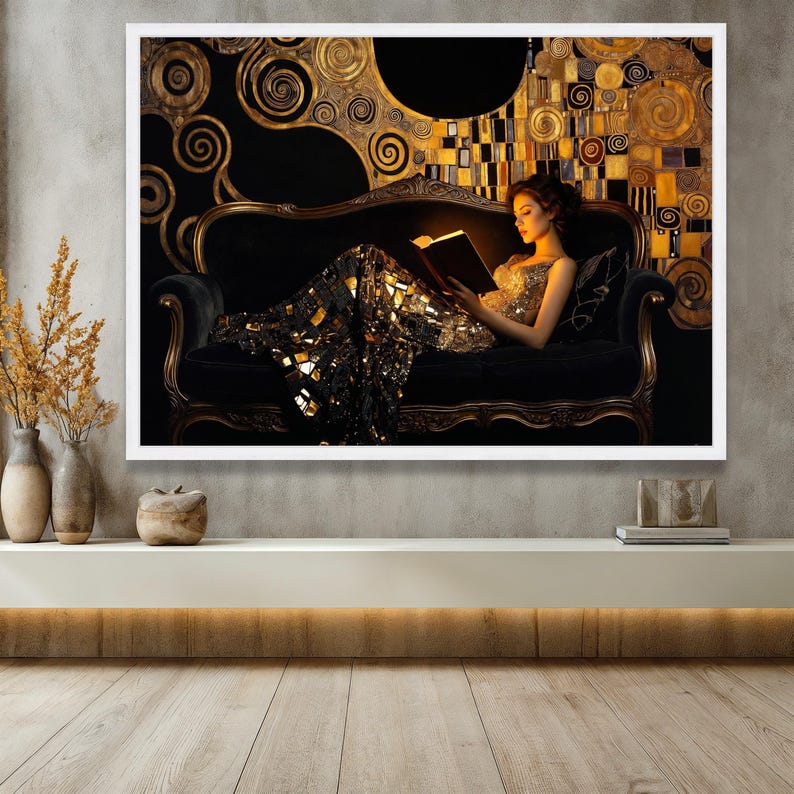 Gustav Klimt Golden Elegance, Woman Reading Canvas, Art Nouveau Wall ...