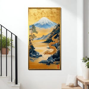 Golden Dragon and Mount Fuji Canvas Painting, Japanese Landscape Wall Art, Traditional Asian Decor for Home, Spiritual Gift Idea