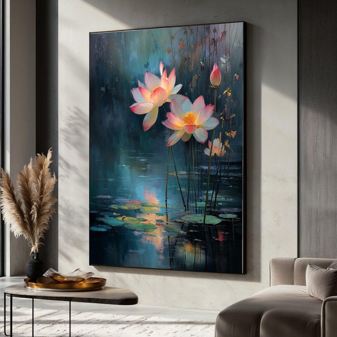 Radiant Lotus Flowers Canvas, Water Lily Pond Wall Art, Botanical ...