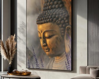 Golden Buddha Canvas Painting, Zen Wall Decor, Peaceful Face Art for Meditation Room, Buddha Art Print, Spiritual Home Gift Idea