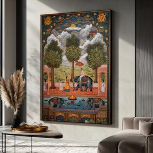Indian Canvas Painting, Elephant and Royal Scene Wall Art, Traditional Mughal Style Print, Cultural Home Decor, Unique Art Gift