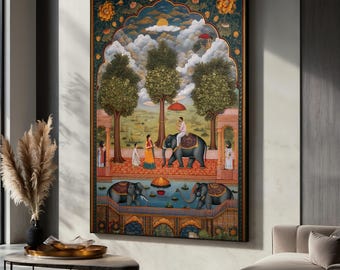 Indian Canvas Painting, Elephant and Royal Scene Wall Art, Traditional Mughal Style Print, Cultural Home Decor, Unique Art Gift