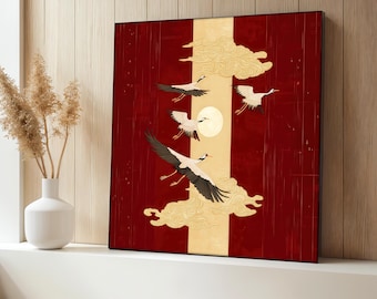 Quadro su tela raffigurante una gru asiatica, dipinto di nuvole dorate e luna, decorazione giapponese raffigurante una gru, elegante stampa naturalistica orientale, regalo unico.