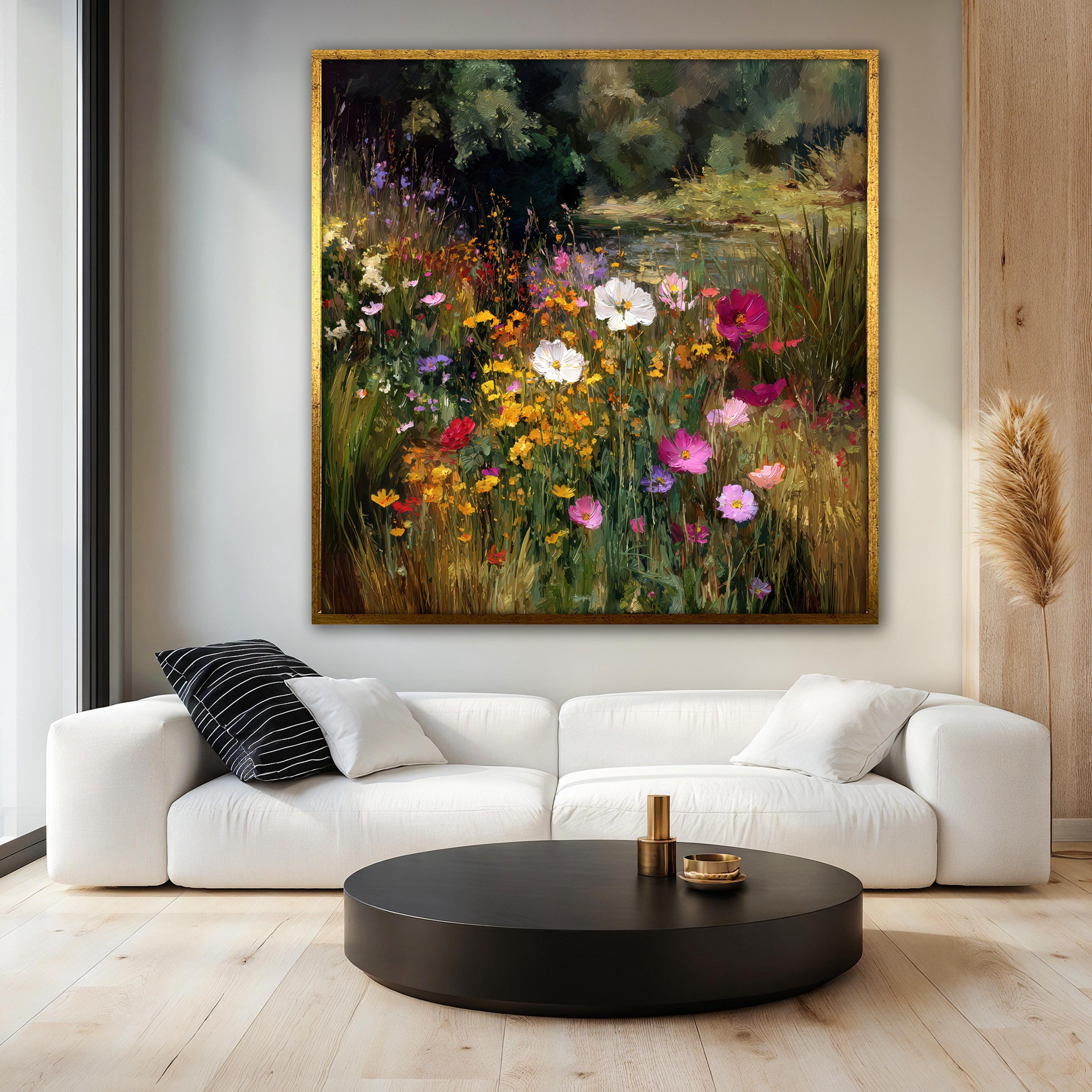 Wildflower Meadow Canvas Painting, Colorful Floral Landscape Wall Art ...