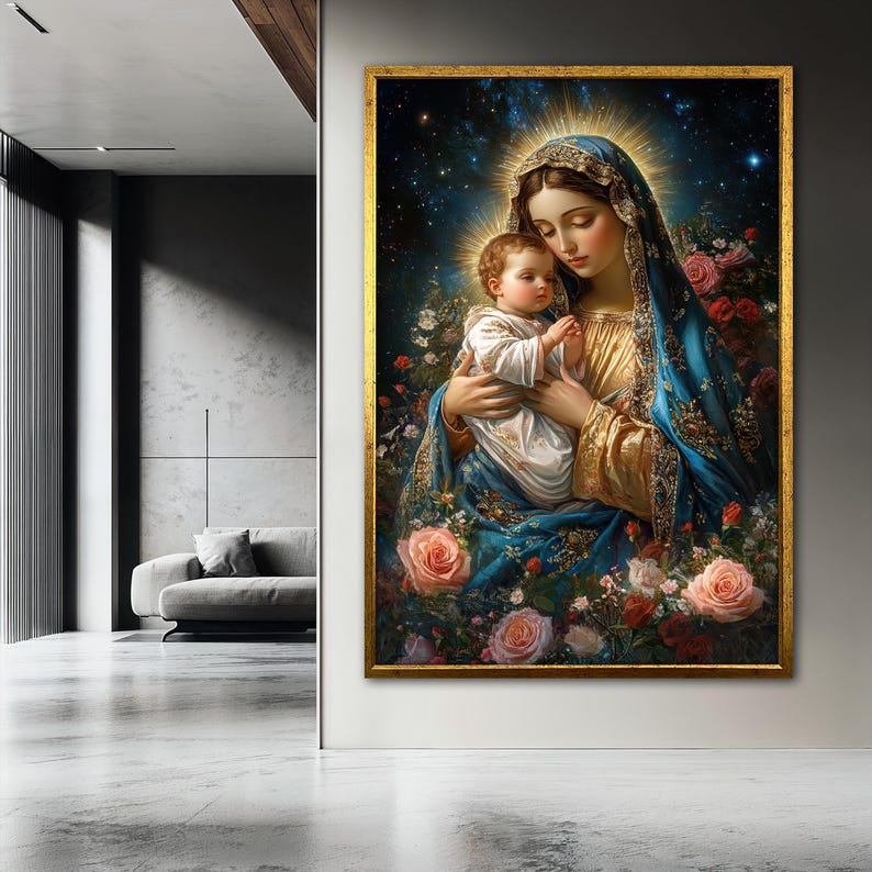 May include: A painting of the Virgin Mary holding a baby Jesus. The painting is set against a dark blue background with stars and surrounded by flowers.