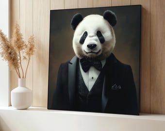 Elegant Panda Canvas Painting, Tuxedo Animal Wall Art, Classy Panda Decor, Funny Gift For Him, Modern Animal Portrait, Office Wall Artwork