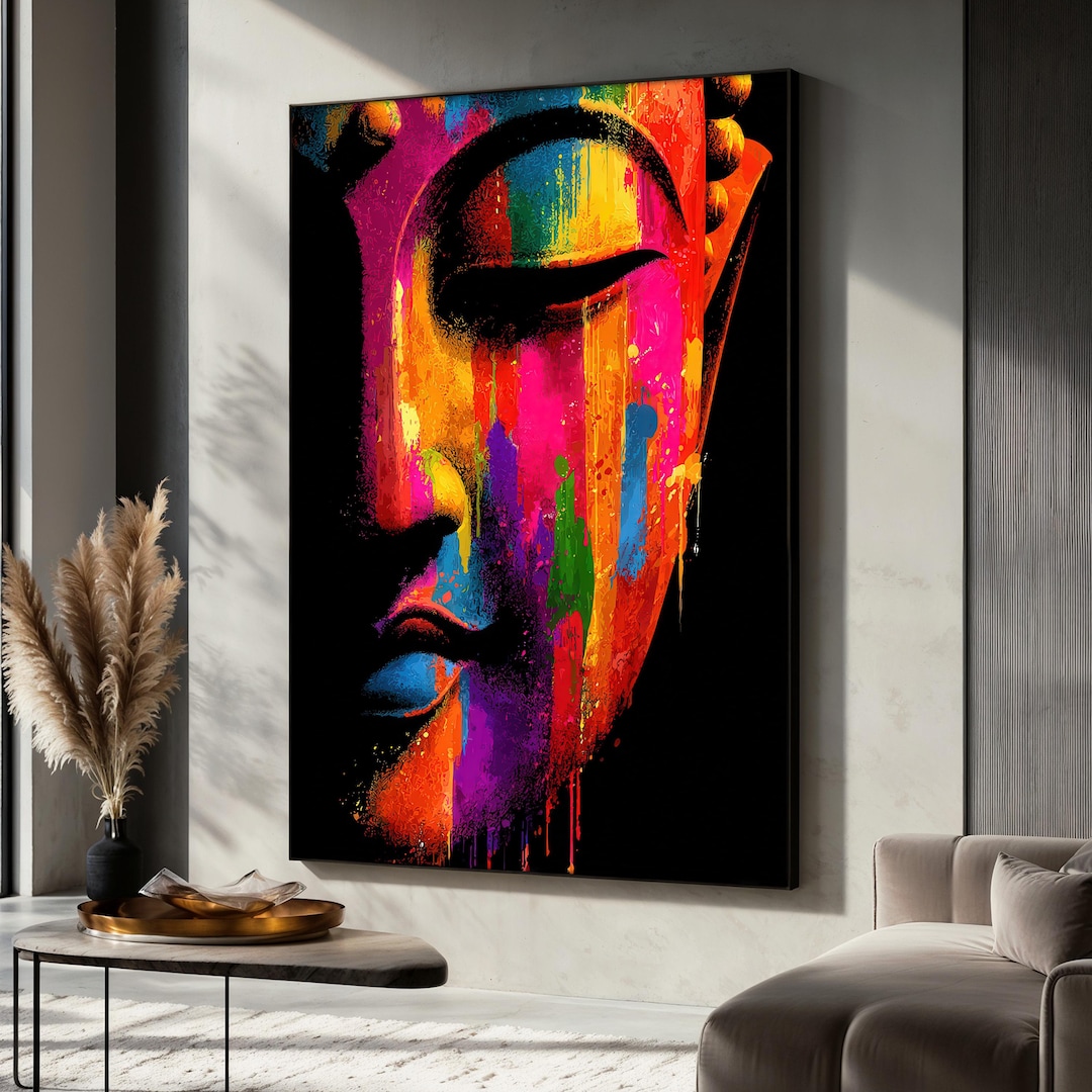Colorful Buddha Face Canvas Painting, Abstract Zen Wall Decor, Vibrant ...