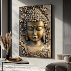 Pode incluir: Uma est&aacute;tua de Buda dourada com uma express&atilde;o serena, cercada por intrincados detalhes florais. A est&aacute;tua &eacute; representada em uma postura tradicional de medita&ccedil;&atilde;o sentada, com os olhos fechados e uma atitude pac&iacute;fica. A obra de arte est&aacute; emoldurada e pronta para pendurar.