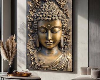 Golden Embossed Buddha Canvas Painting, Zen Wall Decor, Spiritual Art for Meditation Space, Modern Home Decor, Buddha Canvas, Perfect Gift