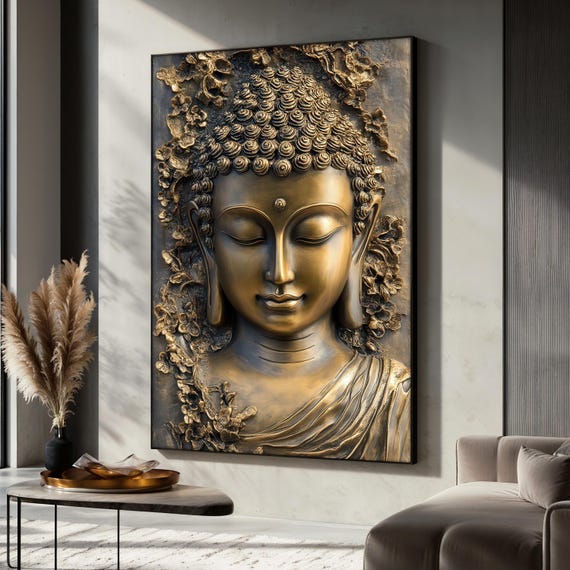 Golden Embossed Buddha Canvas Painting, Zen Wall Decor, Spiritual Art for Meditation Space, Modern Home Decor, Buddha Canvas, Perfect Gift