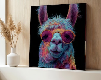 Lama colorato con occhiali da sole su tela, arte murale di animali funky, ritratto di lama vivace, arredamento moderno per la casa, stampa su tela eccentrica, regalo artistico divertente