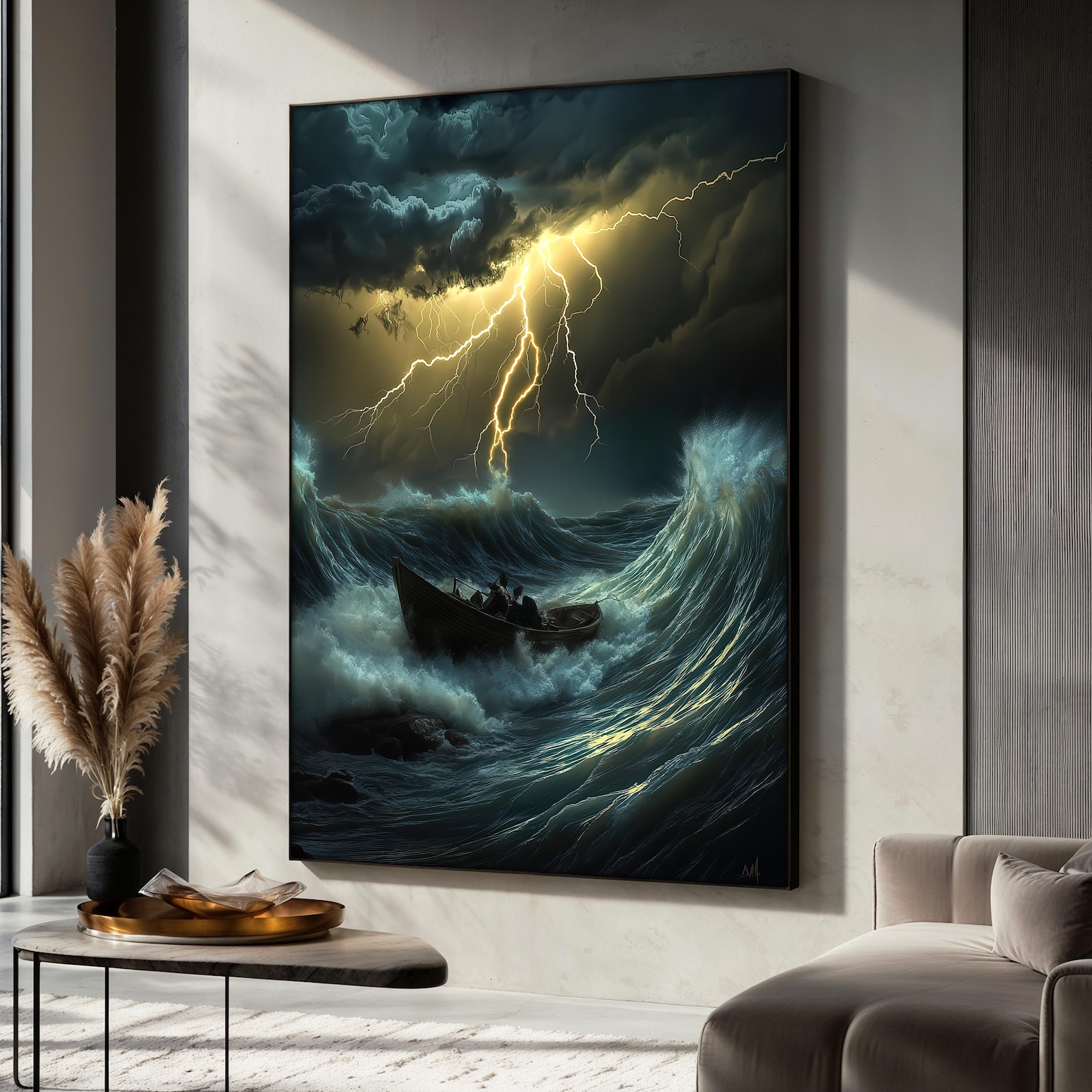 Stormy Sea and Lightning Art Print, Dramatic Ocean Waves Wall Art, Boat ...