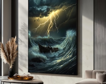 Stormachtige zee en bliksem Art Print, dramatische oceaangolven kunst aan de muur, boot in de storm canvas, woonkamer decor, boot canvas, uniek kunstcadeau