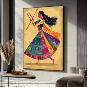 Indian Dancer Canvas Painting, Colorful Folk Wall Art for Living Room, Traditional Garba Decor, Modern Decoration, Cultural Gift for Her