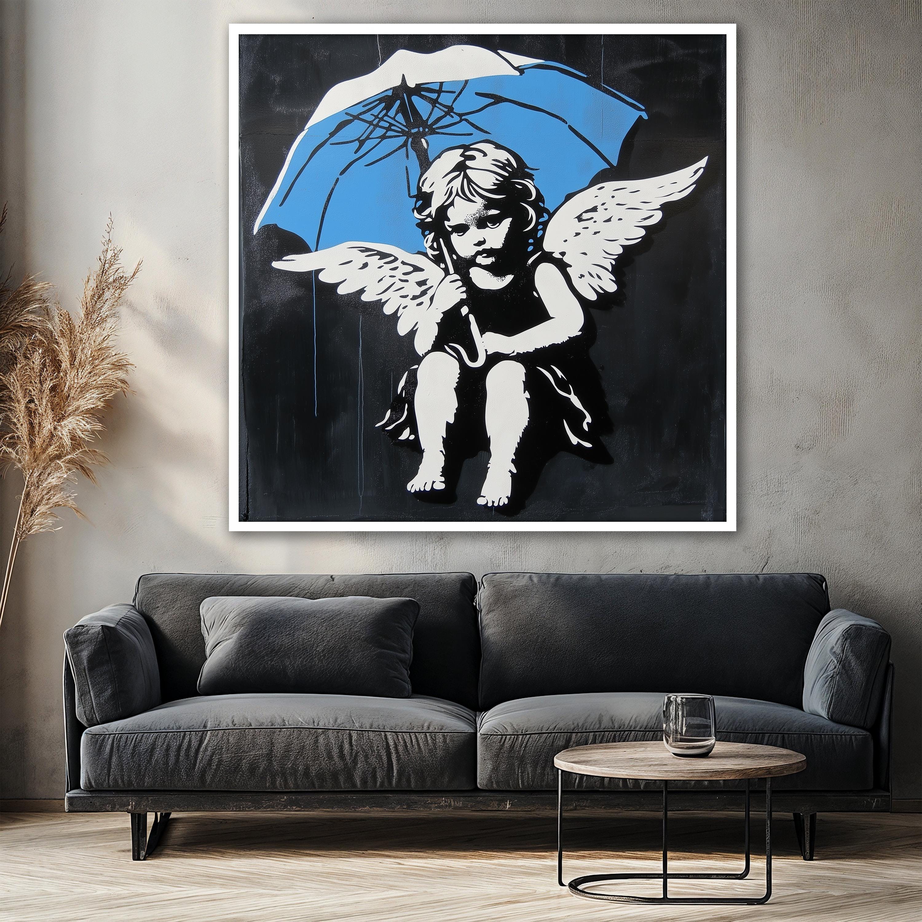 Banksy Angel Canvas Painting, Street Art Wall Decor, Blue Umbrella