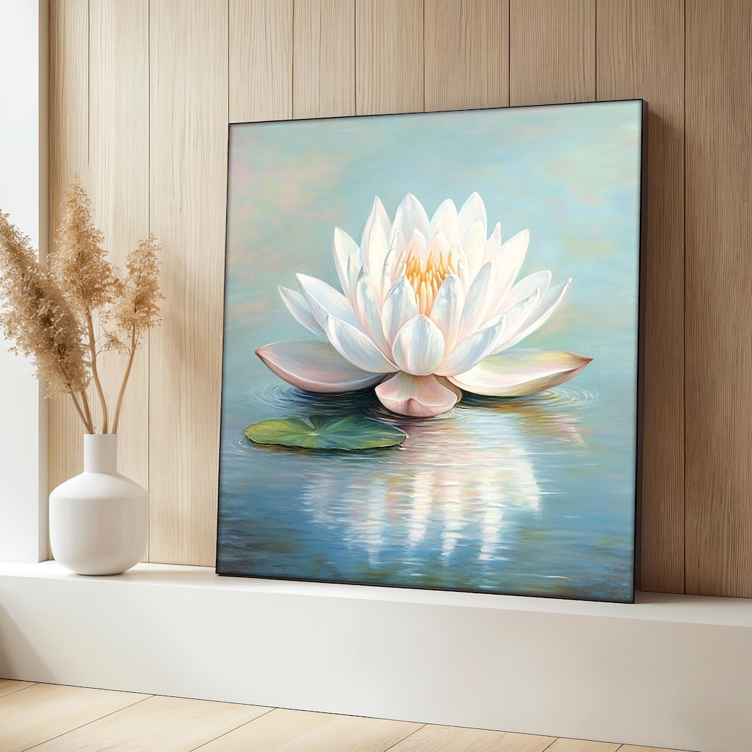 Lotus Flower Canvas Painting, Water Lily Wall Art, Peaceful Nature ...