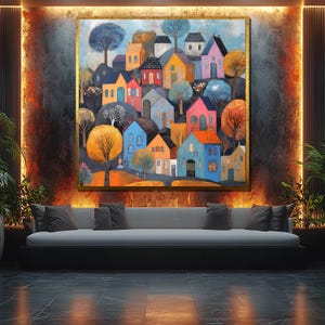 Colorful Village Canvas Painting, Abstract House Artwork, Vibrant Landscape Art, Gift for Home, Cozy Wall Art, Modern Living Room Decor