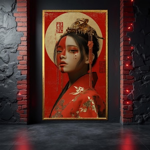 Red Japanese Woman Canvas Painting, Powerful Geisha Portrait Wall Art with Gold Moon, Bold Asian Decor, Striking Gift for Her